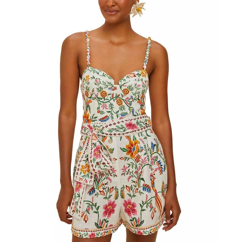 FARM Rio Cream Floral Embroidered Romper with Pink, Orange & Green Accents